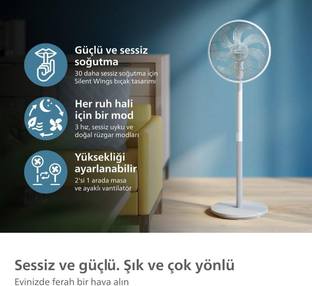 SilentWings teknolojisi ile güçlü ve süper sessiz ayaklı vantilatör. 19 dB. 2'si 1 arada masa ve ayaklı vantilatör. Eğim ve salınım ayarlanabilir. 12 saatlik zamanlayıcı. Beyaz. (CX2550/00)