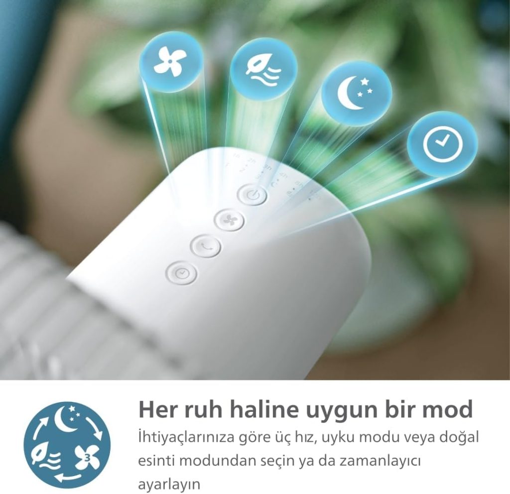 SilentWings teknolojisi ile güçlü ve süper sessiz ayaklı vantilatör. 19 dB. 2'si 1 arada masa ve ayaklı vantilatör. Eğim ve salınım ayarlanabilir. 12 saatlik zamanlayıcı. Beyaz. (CX2550/00)
