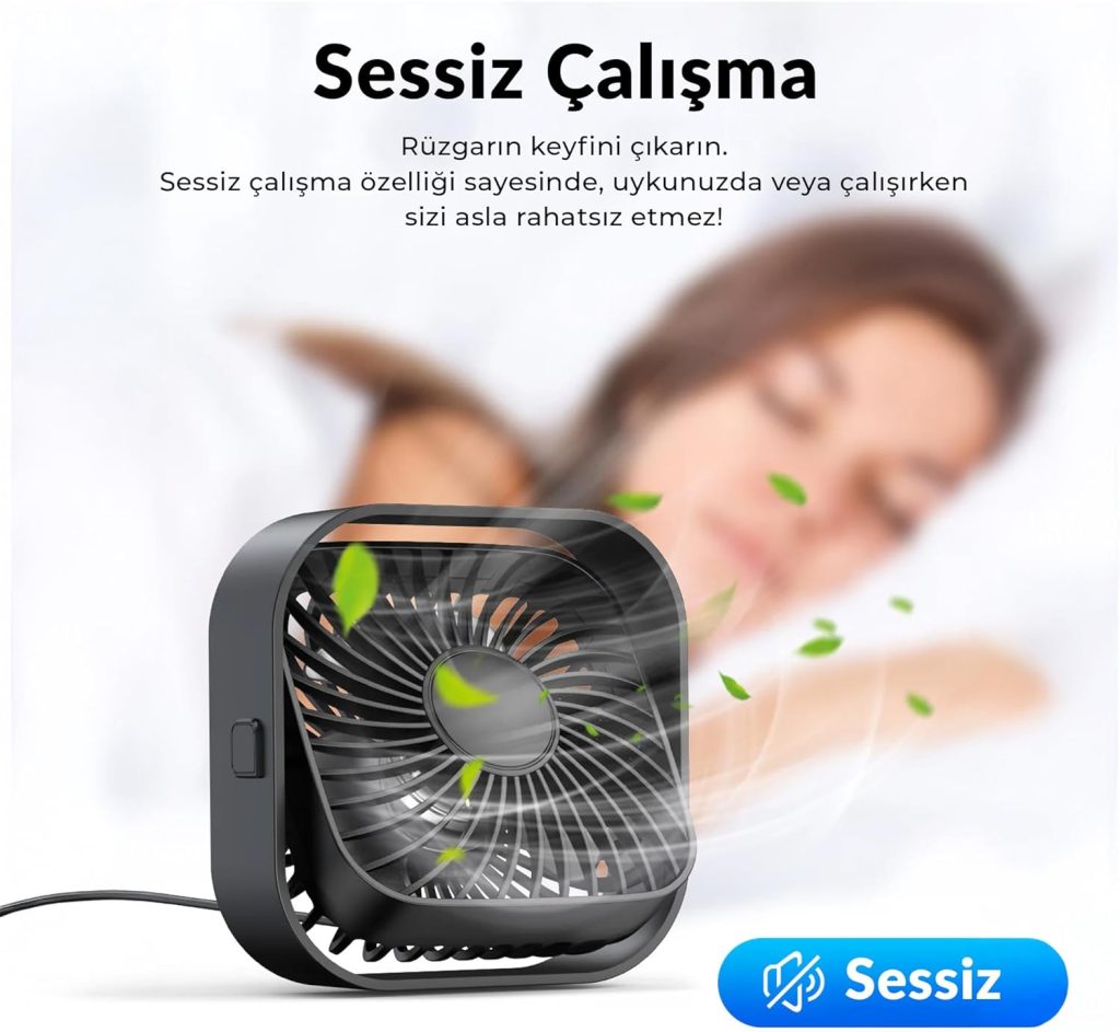 K51 Masaüstü Vantilatör 3 Kademeli 360° Döner Başlıklı USB Kablolu Soğutucu Fan Siyah