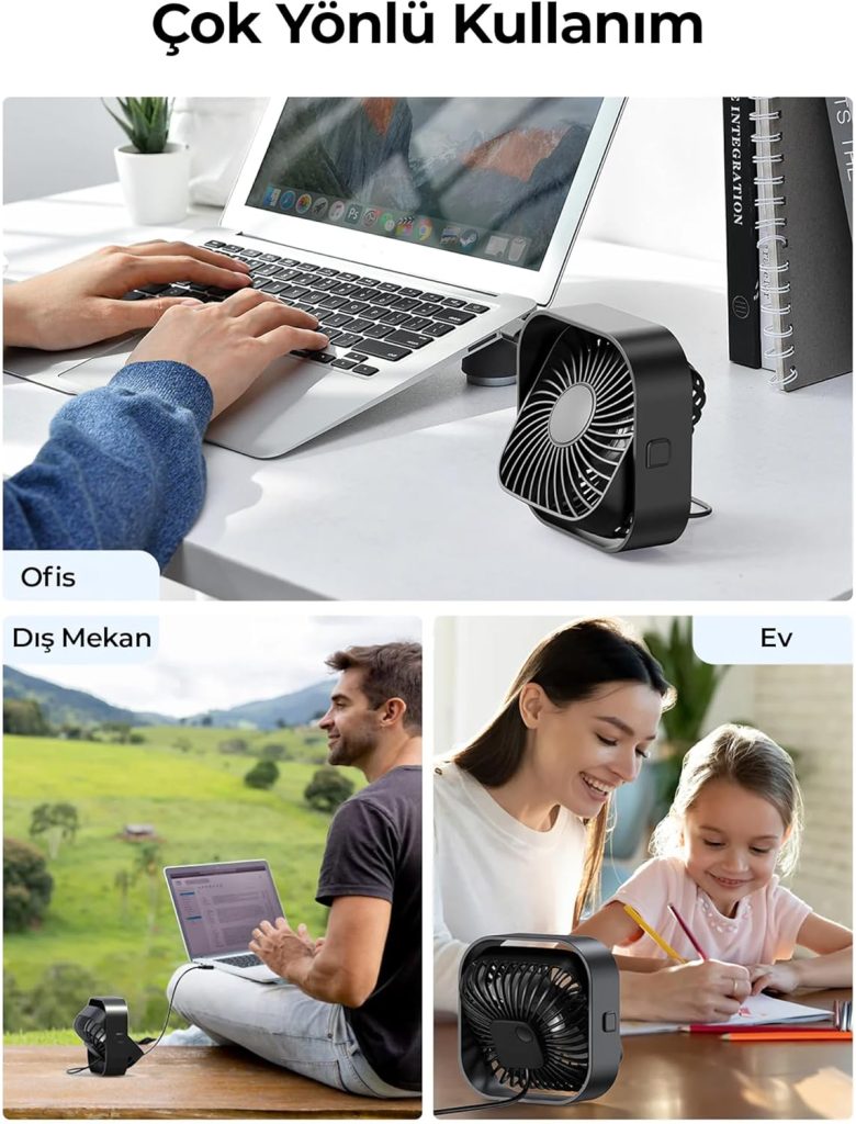 K51 Masaüstü Vantilatör 3 Kademeli 360° Döner Başlıklı USB Kablolu Soğutucu Fan Siyah