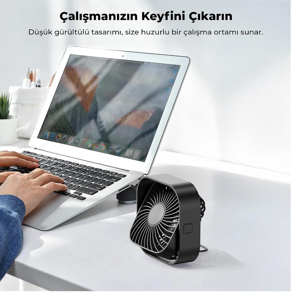 K51 Masaüstü Vantilatör 3 Kademeli 360° Döner Başlıklı USB Kablolu Soğutucu Fan Siyah