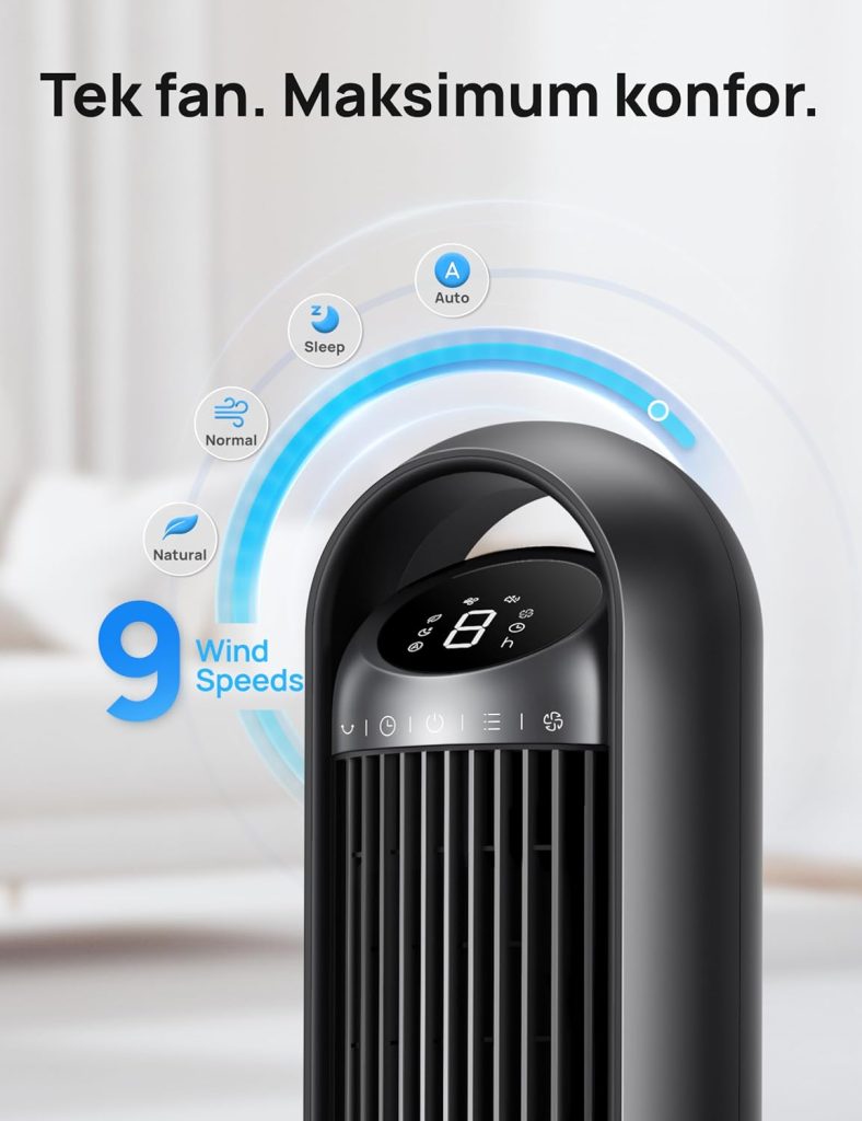 25 dB Akıllı Sessiz Kule Tipi Fan, 8 m/s Hava Akışı, 8 Hız Kademesi, 4 Çalışma Modu, DC Motorlu Serinletme, 90° Salınım, Kanatsız Tasarım, 8 Saat Zamanlayıcı, Wi-Fi/Alexa/Uzaktan Kumanda Desteği