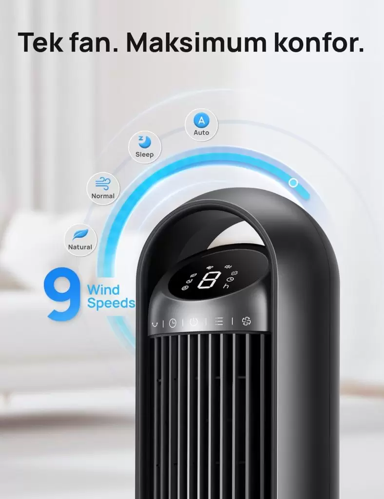 25 dB Akıllı Sessiz Kule Tipi Fan, 8 m/s Hava Akışı, 8 Hız Kademesi, 4 Çalışma Modu, DC Motorlu Serinletme, 90° Salınım, Kanatsız Tasarım, 8 Saat Zamanlayıcı, Wi-Fi/Alexa/Uzaktan Kumanda Desteği