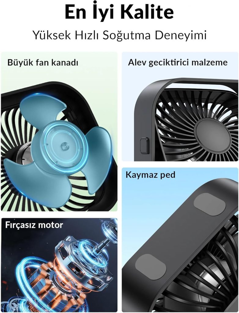 K51 Masaüstü Vantilatör 3 Kademeli 360° Döner Başlıklı USB Kablolu Soğutucu Fan Siyah