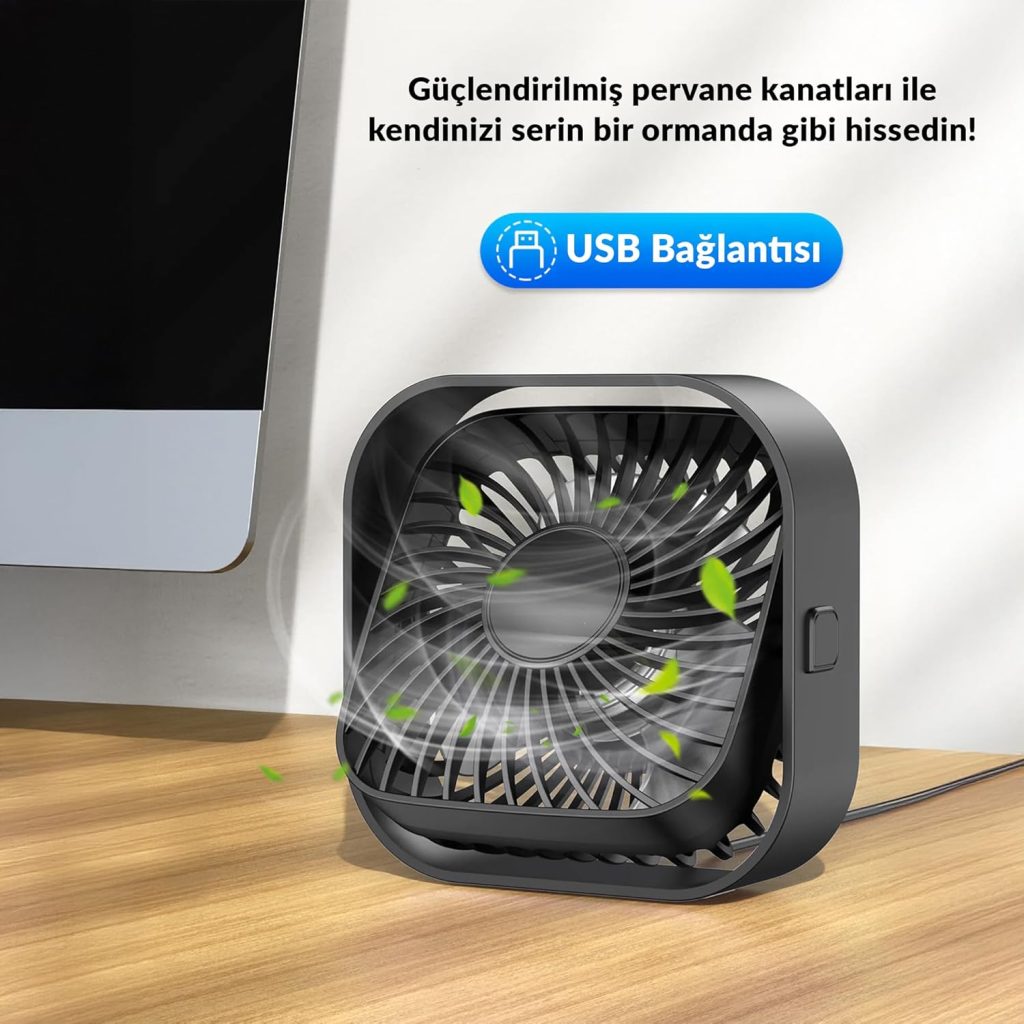 K51 Masaüstü Vantilatör 3 Kademeli 360° Döner Başlıklı USB Kablolu Soğutucu Fan Siyah