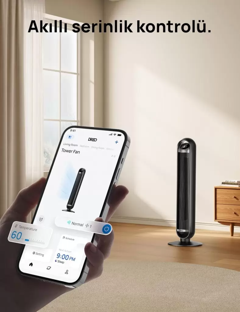 25 dB Akıllı Sessiz Kule Tipi Fan, 8 m/s Hava Akışı, 8 Hız Kademesi, 4 Çalışma Modu, DC Motorlu Serinletme, 90° Salınım, Kanatsız Tasarım, 8 Saat Zamanlayıcı, Wi-Fi/Alexa/Uzaktan Kumanda Desteği