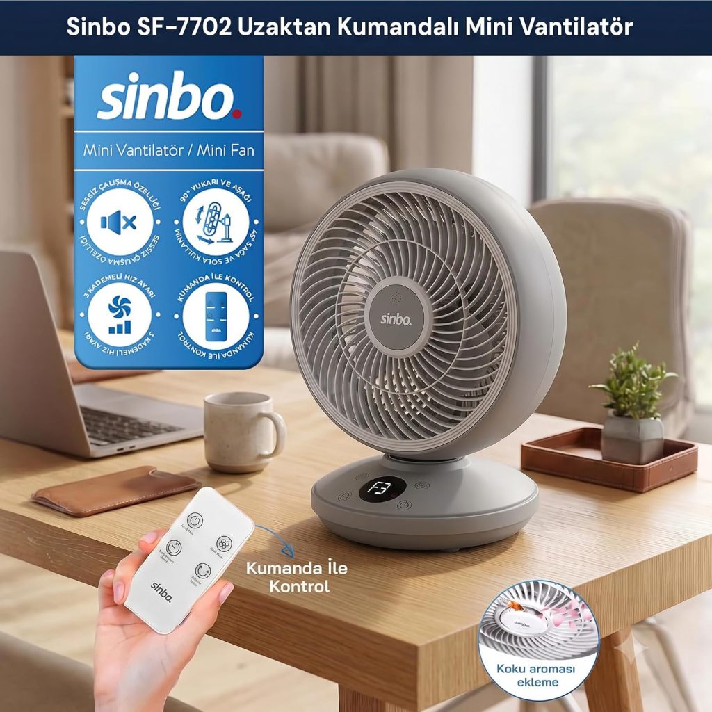 SF-7702 Sessiz Masaüstü Vantilatör | Kumandalı Mini Fan | Otomatik Salınımlı Aroma Hazneli