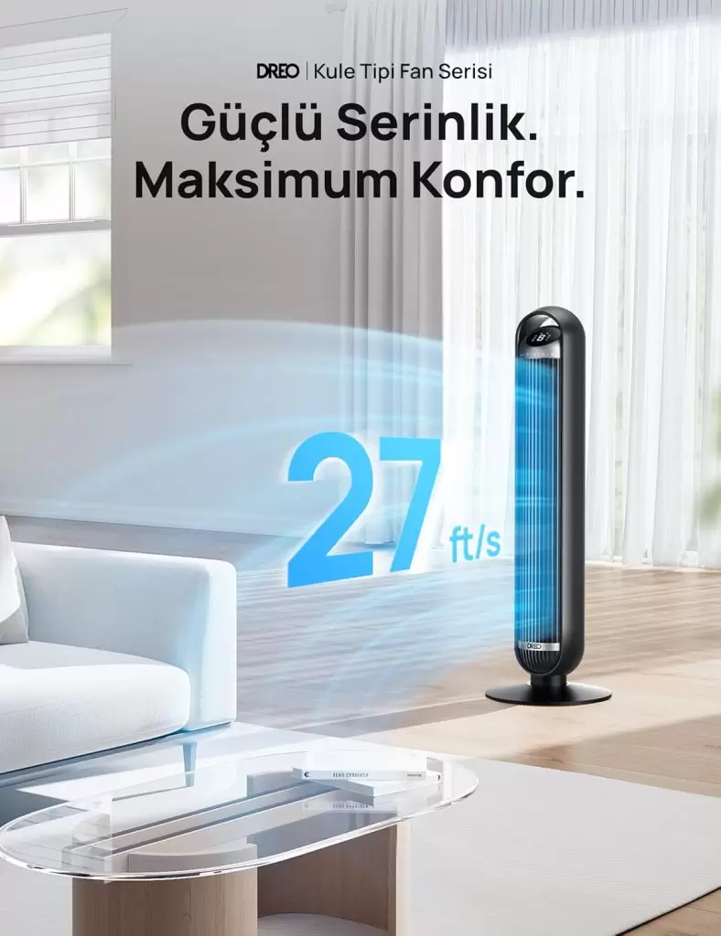 25 dB Akıllı Sessiz Kule Tipi Fan, 8 m/s Hava Akışı, 8 Hız Kademesi, 4 Çalışma Modu, DC Motorlu Serinletme, 90° Salınım, Kanatsız Tasarım, 8 Saat Zamanlayıcı, Wi-Fi/Alexa/Uzaktan Kumanda Desteği