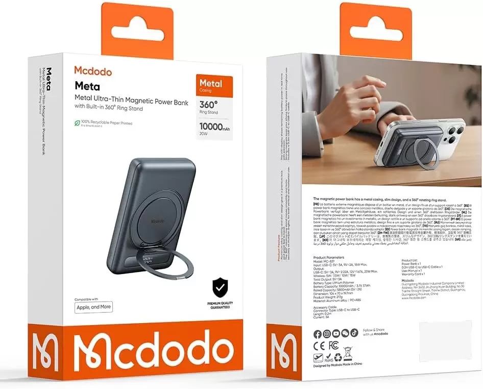 MC-8371 10000mAh - 20W Dahili 360° Halka Standlı Metal Ultra İnce Manyetik Powerbank