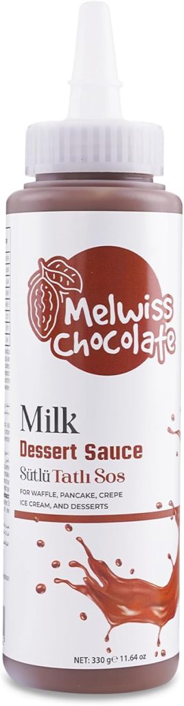 Melwiss Chocolate Sütlü Tatlı Sos 330 g – Akışkan kıvamlı Waffle, Pankek, Krep, Dondurma, Kahve ve Tatlılar için Pratik Sıkılabilir Sos